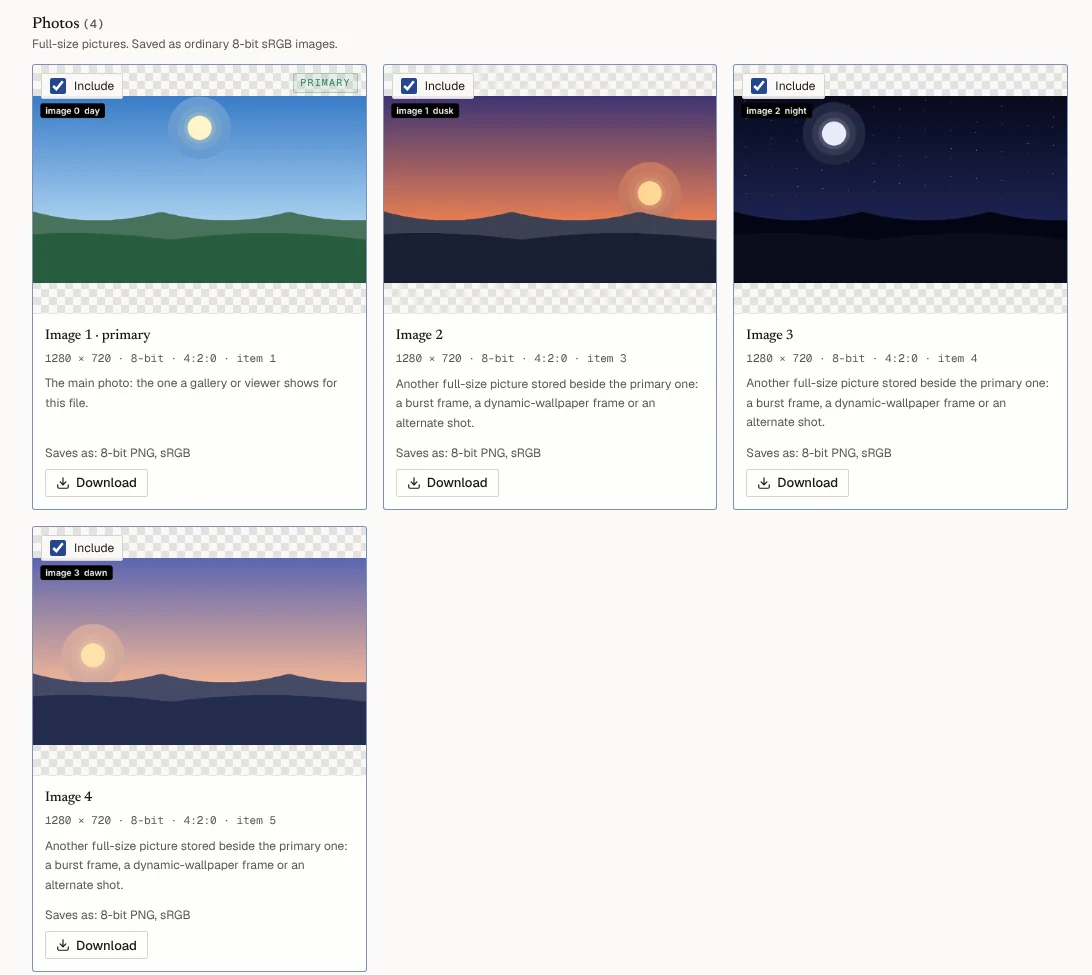 Four cards from the Extract Images tool, each showing one frame of a synthetic landscape: day, dusk, night and dawn. The first card is marked primary.
