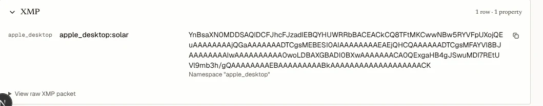 The Metadata Viewer showing an XMP row named apple_desktop:solar whose value is a long base64 string.