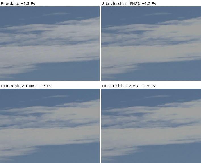 Four crops of blue sky and a wispy cloud after pulling the exposure down by one and a half stops. In the raw-data panel the cloud shows fine texture. In the three stored-file panels the cloud is flat grey.